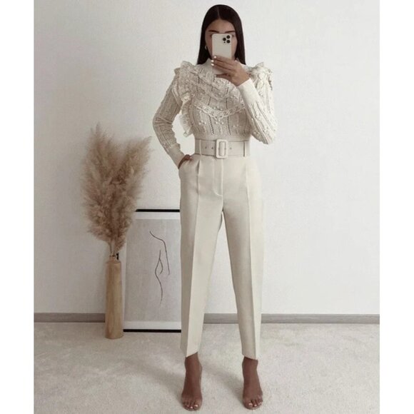 NWOT ZARA XS High-Waist Trousers With Wide Belt Neutral Cream High Rise - Picture 2 of 16
